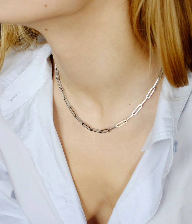 zag ketting ando sluiting achter ketting ando roestvrijstaal zilveren schakelketting